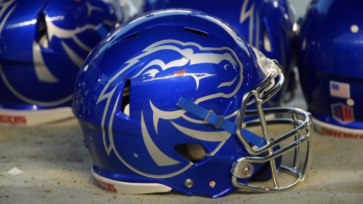 Dec 23, 2015; San Diego, CA, USA; General view of Boise State Broncos helmets on the sidelines during the 2015 Poinsettia Bowl against the Northern Illinois Huskies at Qualcomm Stadium. Mandatory Credit: Kirby Lee-USA TODAY Sports