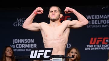 May 22, 2015; Las Vegas, NV, USA; Islam Makhachev weighs in for his lightweight bout against Leo Kuntz (not pictured) at MGM Grand Ballroom. Mandatory Credit: Joe Camporeale-USA TODAY Sports