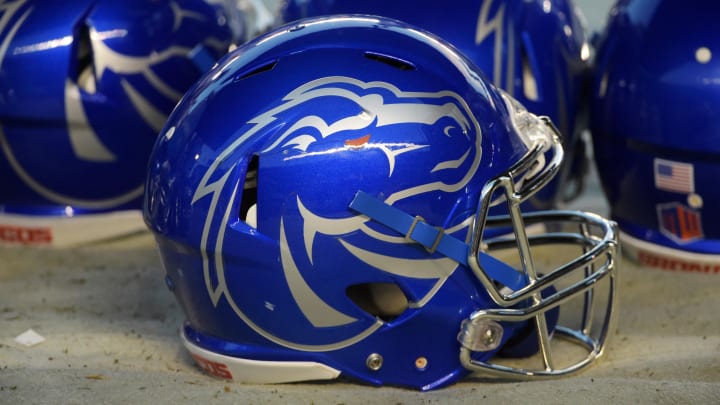 Dec 23, 2015; San Diego, CA, USA; General view of Boise State Broncos helmets on the sidelines during the 2015 Poinsettia Bowl against the Northern Illinois Huskies at Qualcomm Stadium. Mandatory Credit: Kirby Lee-USA TODAY Sports