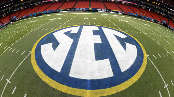 Dec 5, 2014; Atlanta, GA, USA; The Southeastern Conference logo is seen at midfield at the Georgia Dome. The Alabama Crimson Tide plays the Missouri Tigers in the SEC Championship on Saturday. Mandatory Credit: John David Mercer-USA TODAY Sports