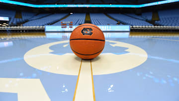 Dec 13, 2022; Chapel Hill, North Carolina, USA;  A view of a ball at center court at Dean E. Smith Center. Mandatory Credit: Bob Donnan-Imagn Images