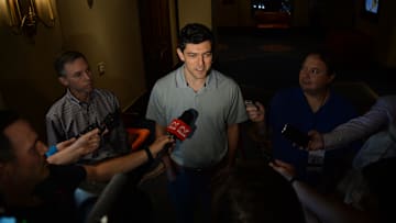 Nov 12, 2019; Scottsdale, AZ, USA; Boston Red Sox general manager Chaim Bloom speaks during media availability at the Omni Scottsdale Resort & Spa at Montelucia. Mandatory Credit: Joe Camporeale-Imagn Images