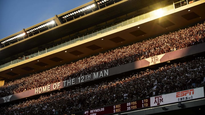 Oct 8, 2016; College Station, TX, USA; A view of the stands and 12th man sign as the Texas A&M Aggies fans cheer for their team during the second half of the game against the Tennessee Volunteers at Kyle Field. The Aggies defeat the Volunteers 45-38 in overtime. Mandatory Credit: Jerome Miron-USA TODAY Sports