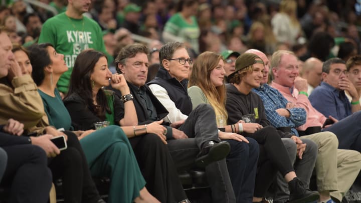 Oct 25, 2019; Boston, MA, USA; Boston Celtics owner and governor Wyc Grousbeck sits with Boston Red Sox principal owner John Henry during the first half in a game against the Toronto Raptors at TD Garden. Mandatory Credit: Bob DeChiara-USA TODAY Sports