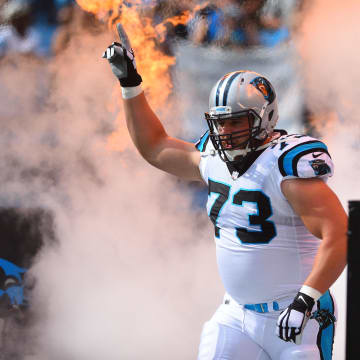 Sep 9, 2018; Charlotte, NC, USA; Carolina Panthers offensive guard Greg Van Roten (73) runs on to the field at Bank of America Stadium.  