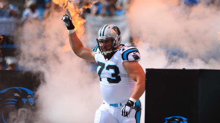 Sep 9, 2018; Charlotte, NC, USA; Carolina Panthers offensive guard Greg Van Roten (73) runs on to the field at Bank of America Stadium.  