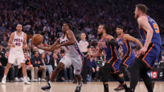 Apr 30, 2024; New York, New York, USA; 76ers guard Tyrese Maxey (0) drives to the basket vs. the Knicks.