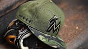 May 29, 2017; Miami, FL, USA; A general view of the special Memorial Day hat worn by Miami Marlins players in the game against the Philadelphia Phillies at Marlins Park. 