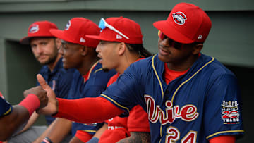 The Greenville Drive took on the Bowling Green Hot Rods at Fluor Field on April 4, 2025.This was the opening day of the season and the 20h Anniversary of the Drive at the park. Greenville Drive's Albert Feliz (24) greets his fellow players in the dugout.