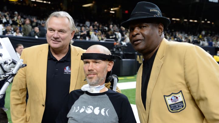 Jan 20, 2019; New Orleans, LA, USA; Hall of famers Morten Andersen and Rickey Jackson with New Orleans Saints former player Steve Gleason before the NFC Championship game against the Los Angeles Rams at Mercedes-Benz Superdome. Mandatory Credit: John David Mercer-USA TODAY Sports