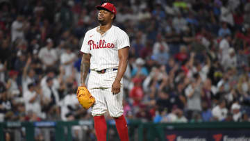 Jul 29, 2024; Philadelphia, Pennsylvania, USA; Philadelphia Phillies pitcher Gregory Soto (30) reacts after allowing home run against the New York Yankees during the eighth inning at Citizens Bank Park. Mandatory Credit: Eric Hartline-USA TODAY Sports