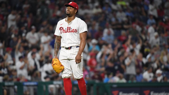 Jul 29, 2024; Philadelphia, Pennsylvania, USA; Philadelphia Phillies pitcher Gregory Soto (30) reacts after allowing home run against the New York Yankees during the eighth inning at Citizens Bank Park. Mandatory Credit: Eric Hartline-USA TODAY Sports