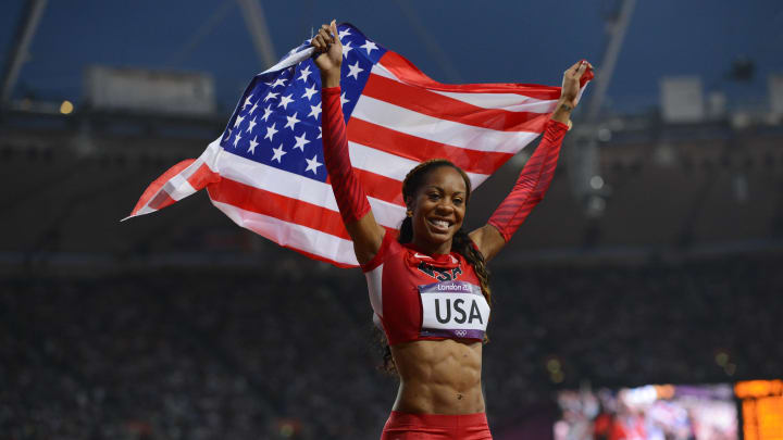 Aug 11, 2012; London, United Kingdom; Sanya Richards-Ross (USA) celebrates after winning the gold in the women's 4x400m relay.