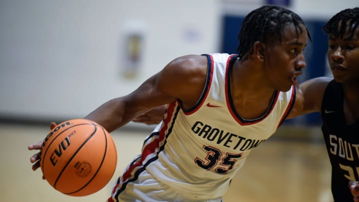 Grovetown shooting guard Derrion Reid (35) dribbles during the Grovetown and South Effingham basketball game at Grovetown High School on Jan. 7. Grovetown defeated South Effingham 80-44.