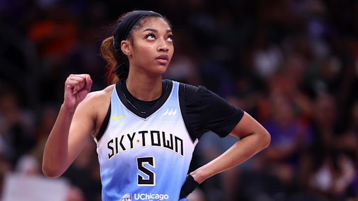 Aug 28, 2025; Phoenix, Arizona, USA; Chicago Sky forward Angel Reese (5) reacts against the Phoenix Mercury at Phx Arena. Mandatory Credit: Mark J. Rebilas-Imagn Images