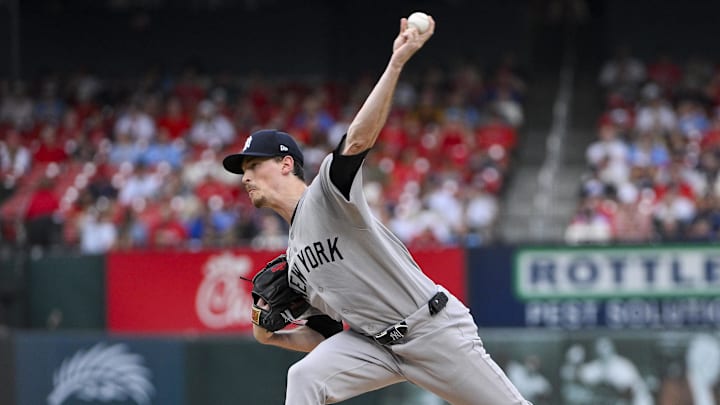 Aug 16, 2025; St. Louis, Missouri, USA; New York Yankees starting pitcher Max Fried (54) pitches against the St. Louis Cardinals during the first inning at Busch Stadium. Mandatory Credit: Jeff Curry-Imagn Images