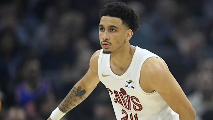 Nov 13, 2025; Cleveland, Ohio, USA; Cleveland Cavaliers guard Tyrese Proctor (24) defends the ball in the first quarter against the Toronto Raptors at Rocket Arena. Mandatory Credit: David Richard-Imagn Images