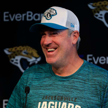 Jacksonville Jaguars head coach Doug Pederson laughs while being interviewed from members of the media during a combined NFL football training camp session between the Tampa Bay Buccaneers and Jacksonville Jaguars Thursday, Aug. 15, 2024 at EverBank Stadium’s Miller Electric Center in Jacksonville, Fla. [Corey Perrine/Florida Times-Union]