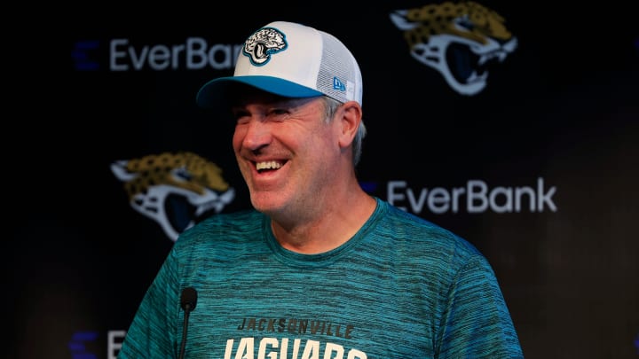 Jacksonville Jaguars head coach Doug Pederson laughs while being interviewed from members of the media during a combined NFL football training camp session between the Tampa Bay Buccaneers and Jacksonville Jaguars Thursday, Aug. 15, 2024 at EverBank Stadium’s Miller Electric Center in Jacksonville, Fla. [Corey Perrine/Florida Times-Union]