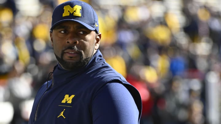 Nov 18, 2023; College Park, Maryland, USA; Michigan Wolverines interim head coach Sherrone Moore before the game against Maryland at SECU Stadium. Mandatory Credit: Brad Mills-USA TODAY Sports