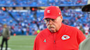 Nov 2, 2025; Orchard Park, New York, USA; Kansas City Chiefs head coach Andy Reid walks the sideline before the game against the Buffalo Bills at Highmark Stadium. Mandatory Credit: Mark Konezny-Imagn Images