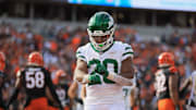 Oct 26, 2025; Cincinnati, Ohio, USA; New York Jets running back Breece Hall (20) celebrates during the fourth quarter against the Cincinnati Bengals at Paycor Stadium. Mandatory Credit: Katie Stratman-Imagn Images