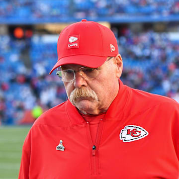 Nov 2, 2025; Orchard Park, New York, USA; Kansas City Chiefs head coach Andy Reid walks the sideline before the game against the Buffalo Bills at Highmark Stadium. Mandatory Credit: Mark Konezny-Imagn Images