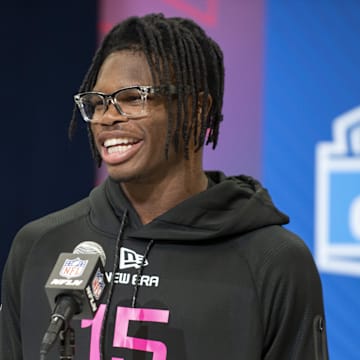 Feb 27, 2025; Indianapolis, IN, USA; Colorado defensive back Travis Hunter (DB15) during the 2025 NFL Combine at Lucas Oil Stadium.  