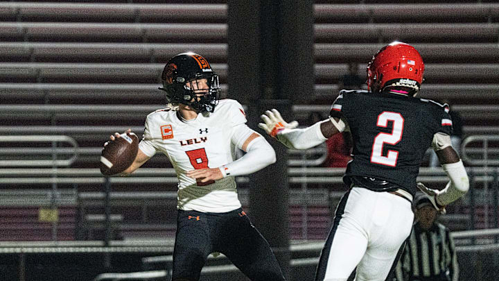 Brady Quinn, the quarterback of Lely throw during a game against South Fort Myers High School at South Fort Myers on Friday, Oct. 31, 2025. Lely won.