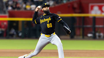 May 27, 2025; Phoenix, Arizona, USA; Pittsburgh Pirates pitcher Dennis Santana against the Arizona Diamondbacks at Chase Field. Mandatory Credit: Mark J. Rebilas-Imagn Images