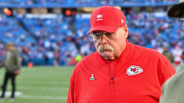 Nov 2, 2025; Orchard Park, New York, USA; Kansas City Chiefs head coach Andy Reid walks the sideline before the game against the Buffalo Bills at Highmark Stadium. Mandatory Credit: Mark Konezny-Imagn Images