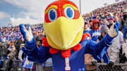 Oct 28, 2023; Lawrence, Kansas, USA; The Kansas Jayhawks mascot poses for a photo against the Oklahoma Sooners during the game at David Booth Kansas Memorial Stadium. 