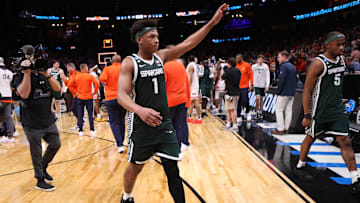 Mar 30, 2025; Atlanta, GA, USA; Michigan State Spartans guard Jeremy Fears Jr. (1) leaves the court after losing the South Regional final of the 2025 NCAA tournament against the Auburn Tigers Spartans at State Farm Arena. Mandatory Credit: Brett Davis-Imagn Images