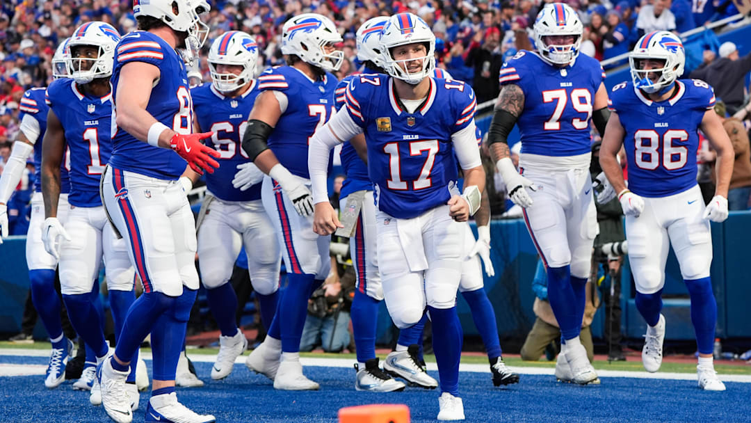 Nov 2, 2025; Orchard Park, New York, USA; Buffalo Bills quarterback Josh Allen (17) celebrates a touchdown against the Kansas City Chiefs at Highmark Stadium.