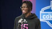 Feb 27, 2025; Indianapolis, IN, USA; Colorado defensive back Travis Hunter (DB15) during the 2025 NFL Combine at Lucas Oil Stadium.