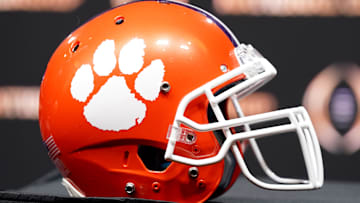 Jan 12, 2020; New Orleans, Louisiana, USA; A Clemson Tigers helmet on display before the head coaches press conference for the CFP with LSU Tigers head coach Ed Orgeron and Clemson Tigers head coach Dabo Swinney at the Sheraton New Orleans, Grand Ballroom. Mandatory Credit: John David Mercer-Imagn Images