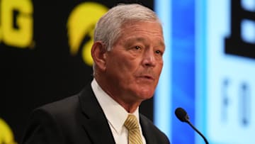 Jul 24, 2025; Las Vegas, NV, USA; Iowa head coach Kirk Ferentz speaks to the media during the Big Ten NCAA college football media days at Mandalay Bay Resort. Mandatory Credit: Lucas Peltier-Imagn Images