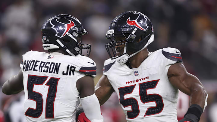 Sep 15, 2025; Houston, Texas, USA; Houston Texans defensive end Will Anderson Jr. (51) celebrates with defensive end Danielle Hunter (55) after a defensive play during the fourth quarter against the Tampa Bay Buccaneers at NRG Stadium. Mandatory Credit: Troy Taormina-Imagn Images