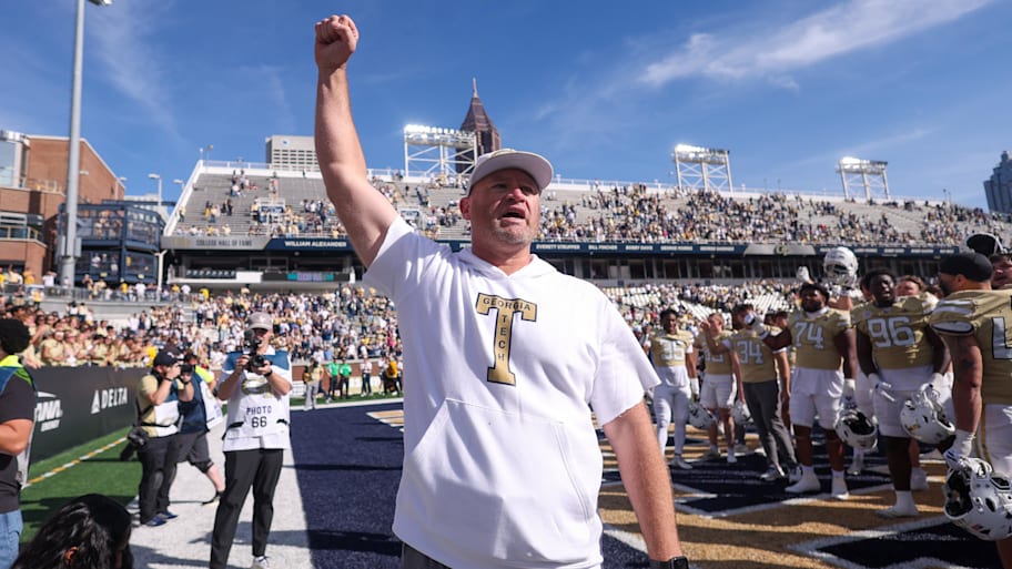 Georgia Tech coach Brent Key celebrates after a victory.