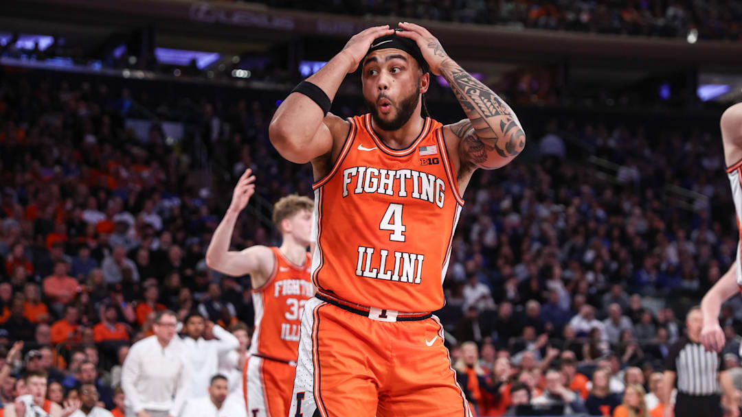 Feb 22, 2025; New York, NY, USA;  Illinois Fighting Illini guard Kylan Boswell (4) reacts after getting called for a foul in the first half against the Duke Blue Devils at Madison Square Garden. Mandatory Credit: Wendell Cruz-Imagn Images