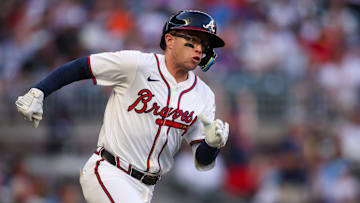 Jun 19, 2025; Atlanta, Georgia, USA; Atlanta Braves shortstop Nick Allen (2) rounds first on a double against the New York Mets in the third inning at Truist Park. Mandatory Credit: Brett Davis-Imagn Images