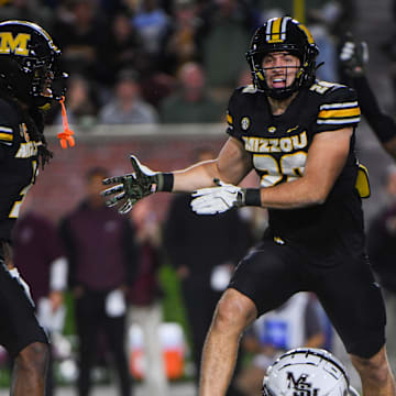 Nov 15, 2025; Columbia, Missouri, USA; Missouri Tigers linebacker Nick Rodriguez celebrates a play in the Missouri matchup against Mississippi State at Faurot Field.