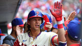 Jun 30, 2024; Philadelphia, Pennsylvania, USA; Philadelphia Phillies third base Alec Bohm (28) celebrates his home run against the Miami Marlins during the first inning at Citizens Bank Park. 