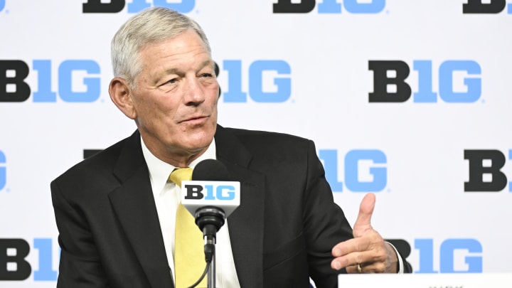 Jul 24, 2024; Indianapolis, IN, USA; Iowa Hawkeyes head coach Kirk Ferentz speaks to the media during the Big 10 football media day at Lucas Oil Stadium.