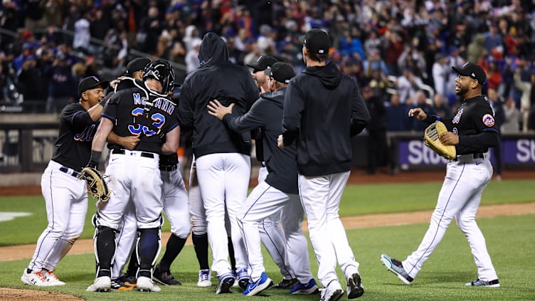 The New York Mets celebrate following a combined no-hitter against the Philadelphia Phillies at Citi Field in Flushing, N.Y. on April 29, 2022