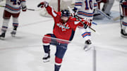 Mar 28, 2021; Washington, District of Columbia, USA; Washington Capitals center Evgeny Kuznetsov (92) celebrates after scoring a goal against the New York Rangers during the third period at Capital One Arena. Mandatory Credit: Scott Taetsch-Imagn Images