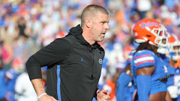 Nov 16, 2024; Gainesville, Florida, USA; Florida Gators head coach Billy Napier looks on prior to the game against the LSU Tigers at Ben Hill Griffin Stadium. Mandatory Credit: Kim Klement Neitzel-Imagn Images