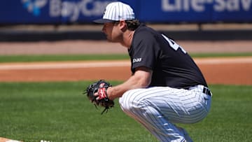 Mar 6, 2025; Tampa, Florida, USA;New York Yankees pitcher Gerrit Cole (45) pauses before taking the mound against the Minnesota Twins during the first inning  at George M. Steinbrenner Field. Mandatory Credit: Dave Nelson-Imagn Images