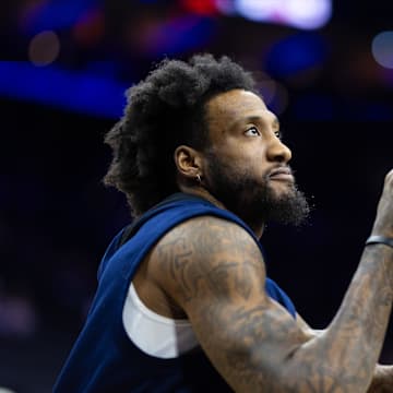 Mar 27, 2024; Philadelphia, Pennsylvania, USA; Philadelphia 76ers forward Robert Covington practices before a game against the LA Clippers at Wells Fargo Center. Mandatory Credit: Bill Streicher-Imagn Images