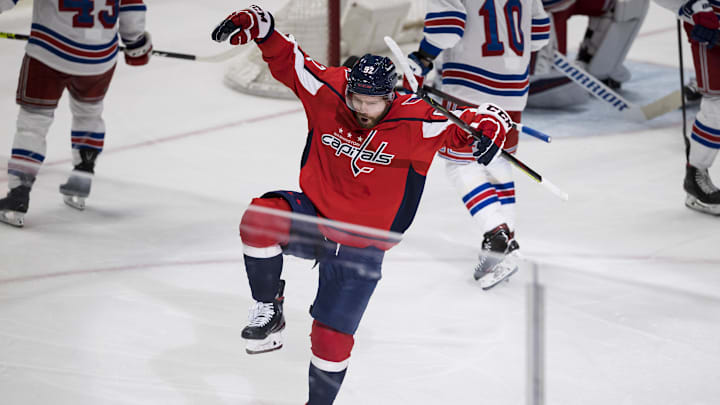 Mar 28, 2021; Washington, District of Columbia, USA; Washington Capitals center Evgeny Kuznetsov (92) celebrates after scoring a goal against the New York Rangers during the third period at Capital One Arena. Mandatory Credit: Scott Taetsch-Imagn Images Mar 28, 2021; Washington, District of Columbia, USA; Washington Capitals center Evgeny Kuznetsov (92) celebrates after scoring a goal against the New York Rangers during the third period at Capital One Arena. Mandatory Credit: Scott Taetsch-Imagn Images